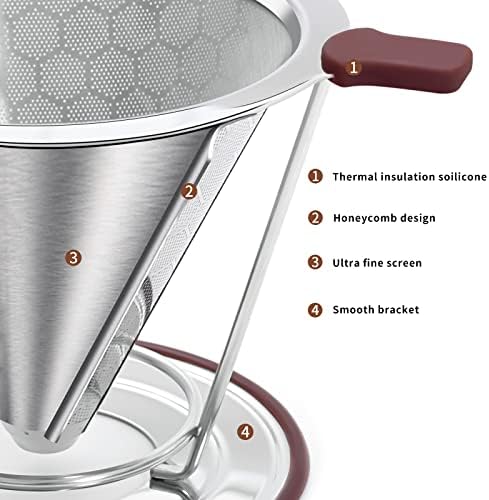 Pour Over Coffee Dripper, Stainless Steel Filter,Easy to Clean Paperless pour over coffee maker,Reusable Filter,Cone Dripper with Removable Cup