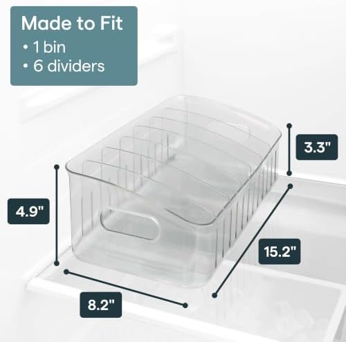 FreezeUp Freezer Bin 15", BPA-Free Clear Fridge Organizer with Adjustable Dividers and Handles for Frozen Food and Leftovers
