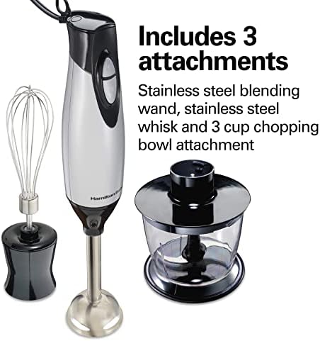 4-in-1 Electric Immersion Hand Blender with Handheld Blending Stick, Whisk + 3-Cup Food & Vegetable Chopper Bowl, 2-Speeds, 225 Watts, Silver and Stainless Steel (59765)