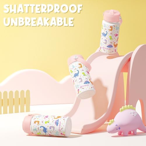 Kids Insulated Water Bottle, 14oz BPA FREE Double Wall Vacuum Tumbler 18/8 Stainless Steel Leak Proof Kids Cups with Straw Metal Bottle for School Boy Girl (2 Pack, UNICORN/WHITE DINOSAUR)
