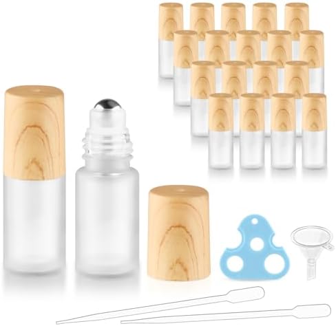 20 Pack 5ml White Frosted Glass Roller Bottles with Wood Grain Caps Roll-On Containers for Essential Oils and Serums by BOSMIOW