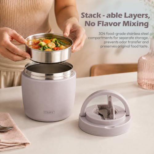 32oz Insulated Soup Thermo, Vacuum Stainless Steel Food Jar for Hot & Cold Food, Leakproof Wide Mouth Lunch Container with Spoon, Light Purple