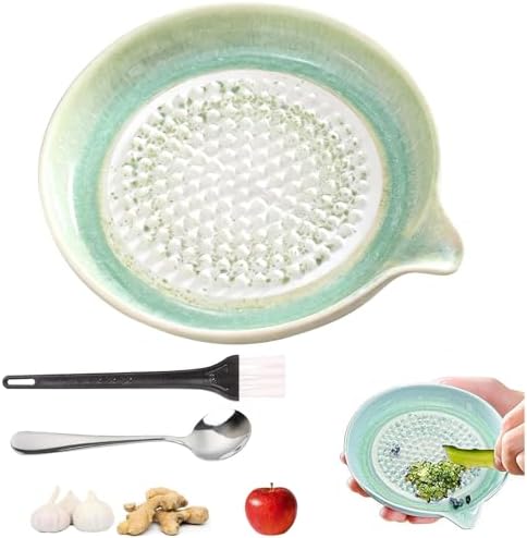 Gradient Ceramic Grater Plate – Handcrafted Multifunctional Grater for Ginger, Garlic，Cheese, Chocolate, Fruits & Vegetables – Unique Kiln-Fired Glaze, Easy-Pour Spout Includes Cleaning Brush (Green)