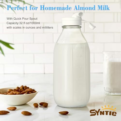2 Pack 32 Oz Glass Milk Bottles with Airtight Lids & 2 Caps