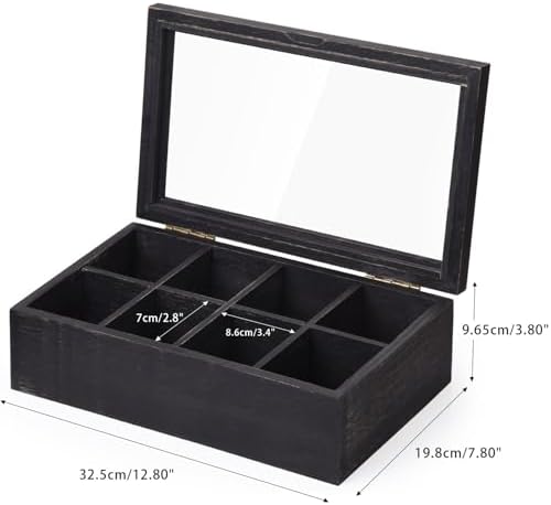 Wooden Tea Box with Lid & 8-Compartment, Weathered Black