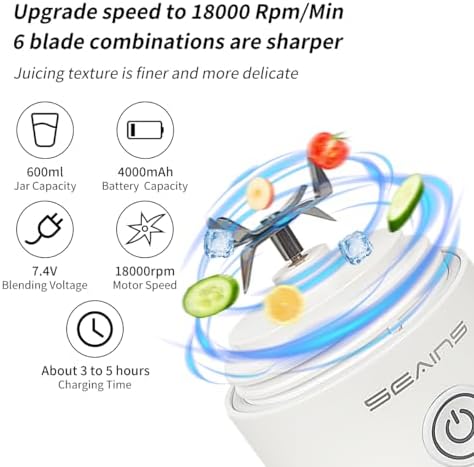 Portable Blender with 20 Oz Travel Cup, 6 Blades, USB Rechargeable for Shakes, Smoothies, Gym, Kitchen and Outdoors (White) - Image 2