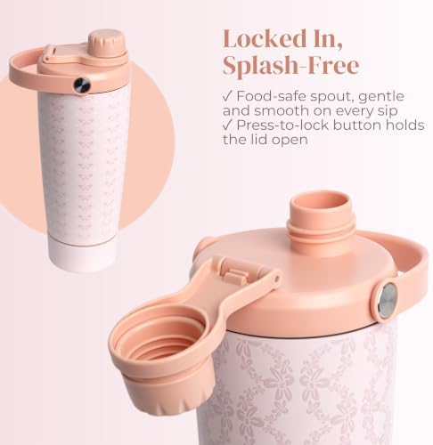 Elanelle 20oz Insulated Stainless Steel Shaker Bottle with Storage Base, Strainer Lid Protein Shaker Cup for Gym, Ball-Free Quiet Mixing, Carry Handle, BPA-Free, Pink (Peachy Bow) - Image 4