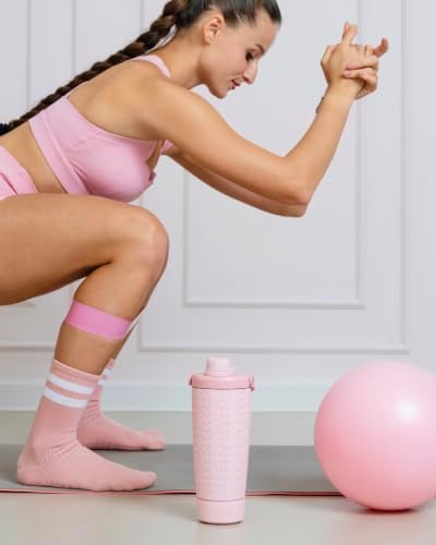 Elanelle 20oz Insulated Stainless Steel Shaker Bottle with Storage Base, Strainer Lid Protein Shaker Cup for Gym, Ball-Free Quiet Mixing, Carry Handle, BPA-Free, Pink (Candy Bow) - Image 6