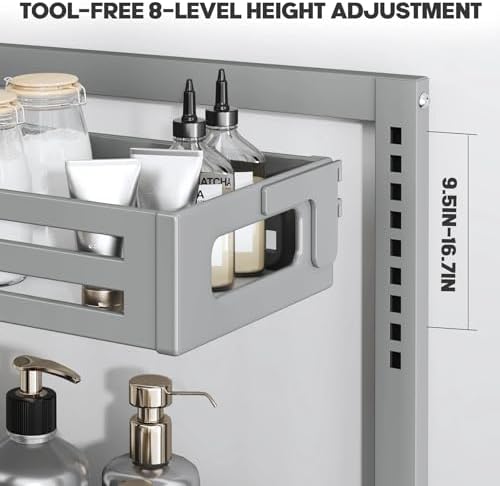 2 Pack 19IN-Depth Under Sink Organizer,Pull Out Cabinet Organizer With Smooth Cylindrical Rail,Metal Slide Out Drawer for Kitchen Bathroom Laundry,8-Level Tool Free Height Adjustable-Gun Gray