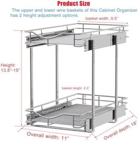 2 Tier Pull Out Cabinet Organizer (11" W x 18" D) Heavy-Duty Metal Sliding Drawer Shelf, Two Tier Pull Out Shelves for Kitchen Cabinets, Pantry, Bathroom, Chrome Finish