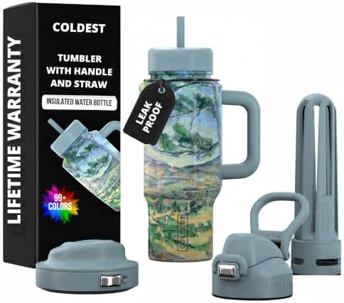 Coldest Tumbler with Handle & Coffee Lid - 100% Spill Proof Tumbler (3 Lids) - Stainless Steel Insulated Leakproof Tumblers for Women & Men - Cup Holder Friendly - 24 oz (Mont Sainte) by Coldest