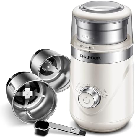 SHARDOR Electric Super Silent Blade Coffee Grinder, Timed Grind Control Rotary Knob, Adjustable Coarse to Fine for Coffee Beans, Spices & Herbs, with 2 Removable Stainless Steel Bowls, Cream by Shardor
