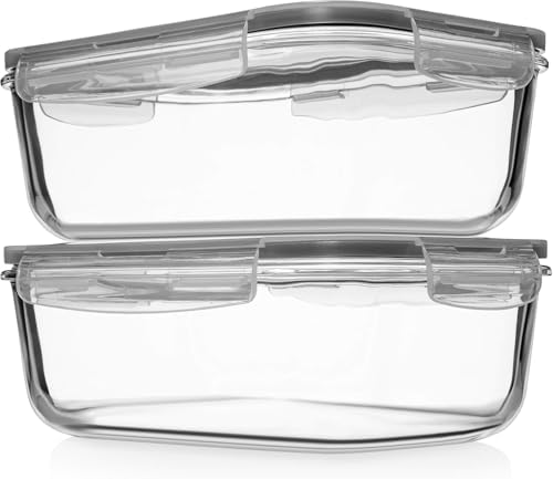 8 Cups/ 63 Oz 4 Piece (2 containers + 2 Lids) Large Glass Food Storage/ Baking Containers with Locking Lids. Ideal for Storing food, vegetables or fruits. BPA Free & Leak Proof -Microwave, Oven Safe