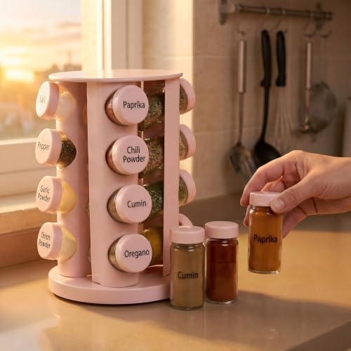 Pink Rotating Spice Rack with 16 - Empty Jars and Labels