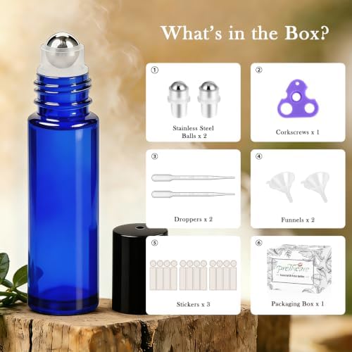 PrettyCare Roller Bottles 10ml (12 Pack Blue Glass, Black Cap, 24 Labels, 2 Extra roller balls, Opener, 2 Funnels) for essential oils, Roll on Bottles - Image 2