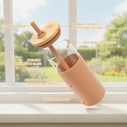 24 oz Glass Tumbler with Lids and Straws, Reusable Iced Coffee Cups