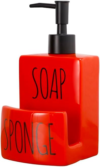 Ceramic soap Dispenser with Sponge Holder for Kitchen Sink Bathroom Counter top Storage and Organization (Red)