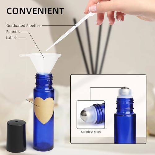 10ml Glass Essential Oil Roller Bottle, 24PCS Blue Essential Oil Roller Bottles with Stainless Steel Rollers - Refillable, Leak-Proof Design, Suitable for Travel and DIY Skincare Products. - Image 6