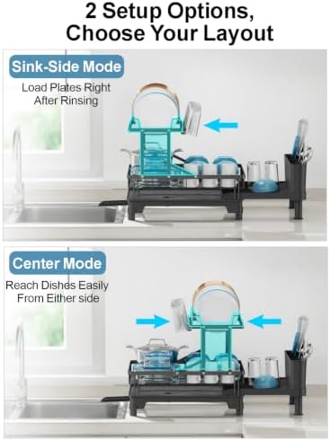 Large Expandable 2 Tier Dish Drying Rack for Kitchen Counter, Black