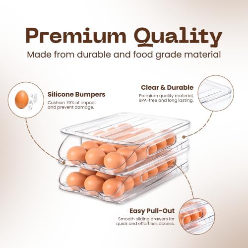 Auto Rolling Egg Holder for Fridge, 2-Tier Stackable Egg Dispenser Container with Lid, Clear BPA-Free Plastic Refrigerator Egg Storage Bin Tray, Space Saving Organizer for 36 Eggs - Pack of 2