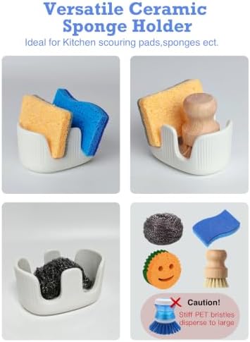 Ceramic Sponge Holder, 2-Slot Dish Sponge Holder for Kitchen Sink, Keeps Sponges Dry & Countertop Clean, Rust-Free & Dishwasher Safe, Stylis Design, Dishwasher Safe, White
