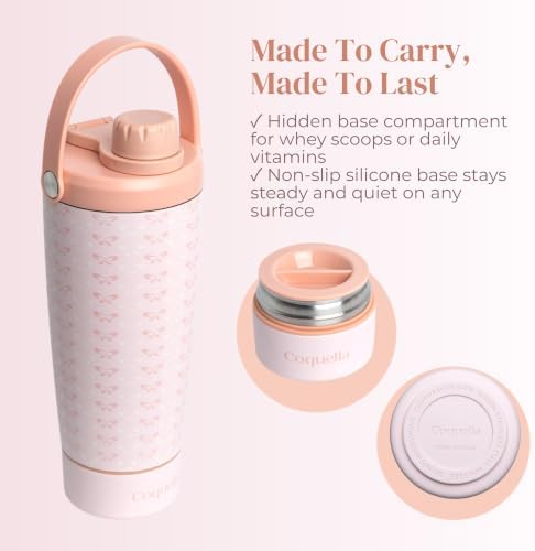 Elanelle 20oz Insulated Stainless Steel Shaker Bottle with Storage Base, Strainer Lid Protein Shaker Cup for Gym, Ball-Free Quiet Mixing, Carry Handle, BPA-Free, Pink (Peachy Bow) - Image 3