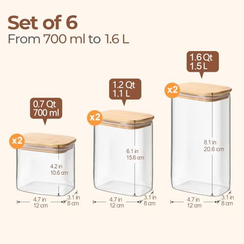 Glass Pantry Storage Containers (0.7qt/1.2qt/1.6qt) Set of 6 Jars