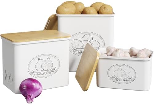Plastic Potato and Onion Storage Bin Box, Set of 3, White