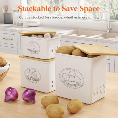 Plastic Potato and Onion Storage Bin Box, Set of 3, White