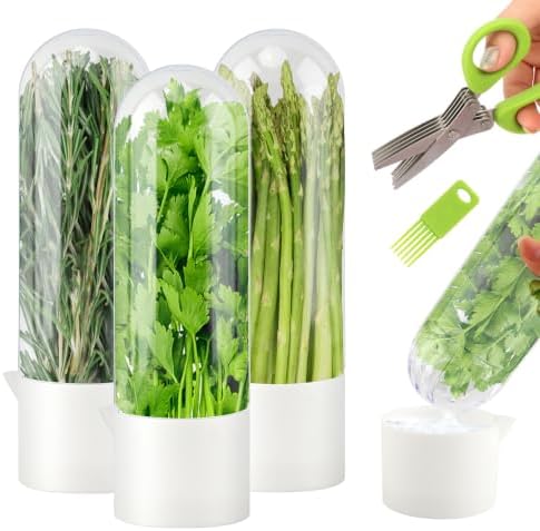 3 Pack Herb Saver for Refrigerator with 5-Blade Herb Scissors