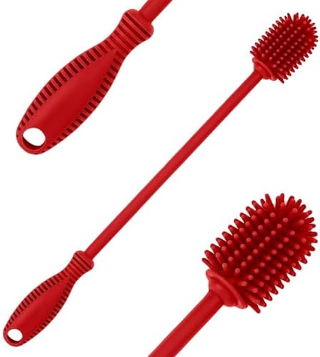 Silicone Bottle Cleaning Brush with Long Handle, BPA Free 12.5" Water Bottle Cleaner for Baby Bottles, Hydro Flask, Sports Bottle, Vase, Glassware, Perfect for Smaller Diameter Bottle Openings (Red) by ddLUCK