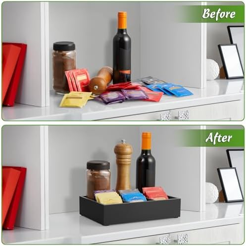 Tea Bag Organizer, Tea Bag Drawer Organizer, Wooden Tea Bag Holder, Tea Chest with 6 Compartments, Tea Organizer Storage Box, Tea Caddy for Tea Bags Organizer, Black