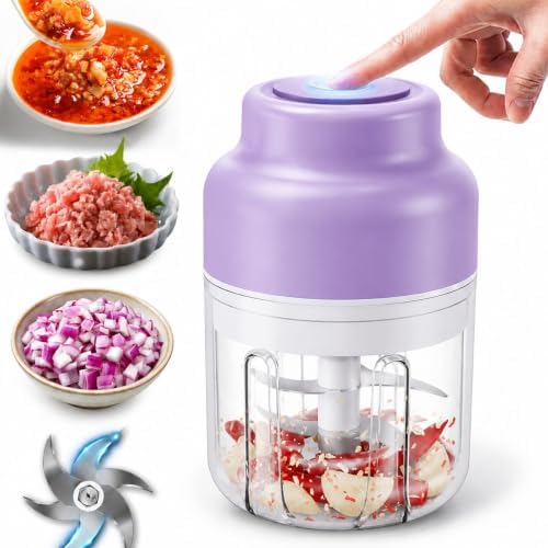 2026 Upgrade Electric Garlic Chopper Mini, 320 ml Small Garlic Chopper Mincer with 6 Stainless Steel Blades, Portable Rechargeable Cordless Chopper for Onion,Chili,Ginger,Nuts,Meat & Fruits (Purple) by Unknown