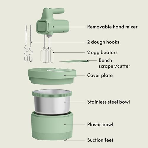 bella 3.5 Qt Hand & Stand Mixer, 2 in 1 Electric Mixer with Bowl, Dough Hook, Whisk & Egg Beater, Multifunctional Handheld Mixer for Baking, 200 Watt, Seaglass - Image 2