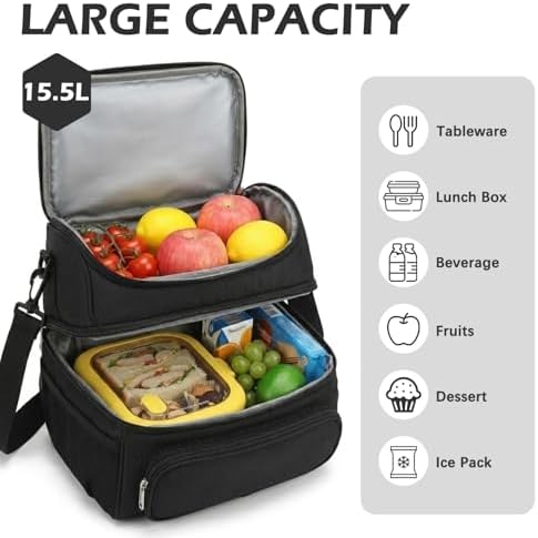 Double Layer Cooler Insulated Lunch Bag Adult Lunch Box Large Tote Bag for Men, Women, With Adjustable Strap,Front Pocket and Dual Large Mesh Side Pockets