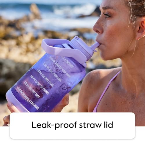 Motivational Water Bottle with Straw Lid and Time Marker (64 oz, Vivacity Purple) - Leakproof, BPA Free Water Bottle for Daily Intake Tracking