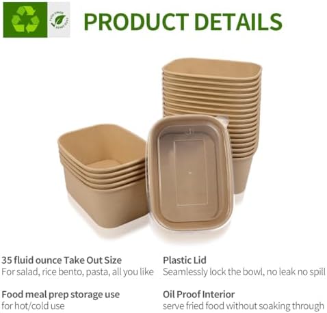 35 oz Paper Meal Prep Containers with Lids 50 Pack Hot and Cold Use