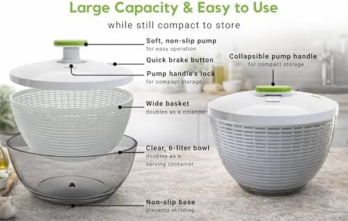 Large 6.2-Quart Collapsible Salad Spinner and Leafy Green Washer