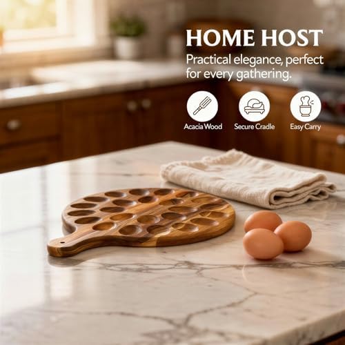 2 Pcs Quality Acacia Wood Egg Holders with Slicers, Sturdy 24 Holes Wooden Deviled Egg Platter with Handle for Refrigerator, Kitchen Counter, Gatherings, Camping & Picnic