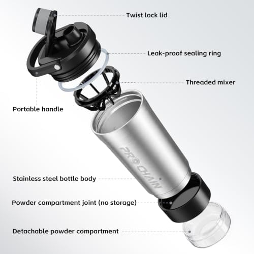 PROCHAIN Insulated Stainless Steel Protein Shaker Bottle, 20oz Metal Mixer - Image 2