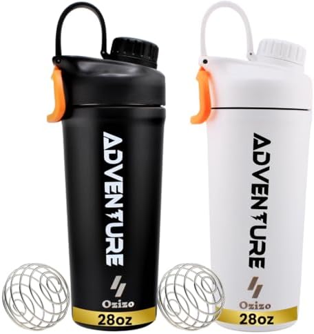 Ozizo 2 Pack Stainless Steel Insulated Protein Shaker Bottle for Protein Mixes, 28oz Leak Proof Shaker Cup with Wire Whisk Ball, Black and White by Ozizo