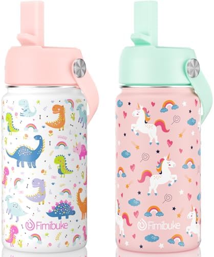 Kids Insulated Water Bottle, 14oz BPA FREE Double Wall Vacuum Tumbler 18/8 Stainless Steel Leak Proof Kids Cups with Straw Metal Bottle for School Boy Girl (2 Pack, UNICORN/WHITE DINOSAUR)