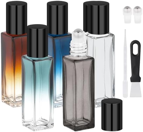 Segbeauty 0.34oz Essential Oil Roller Bottles for Travel, 5 Pack of Glass Roller Bottles Applicator 10ml, Refillable Roll on Bottle in Mixed Color, Travel Perfume Oil Bottle with Dispensing Tool Set by Segbeauty