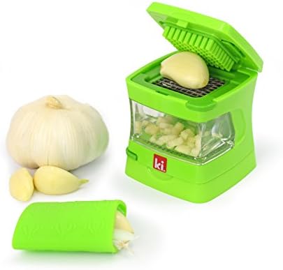 Garlic-A-Peel Garlic Press, Crusher, Cutter, Mincer, and Storage Container - Includes Silicone Garlic Peeler - Easy to Clean - Stainless Steel Blades – (Green), standard by Kitchen+Innovations