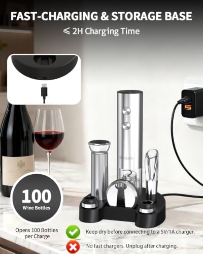 Electric Wine Bottle Opener Set Stainless Steel Rechargeable Wine Opener 8-in-1 Wine Gift Set with Charging base, Foil Cutter, Wine Aerator Pourer, Vacuum Pump & 2 Wine Stoppers, Silver