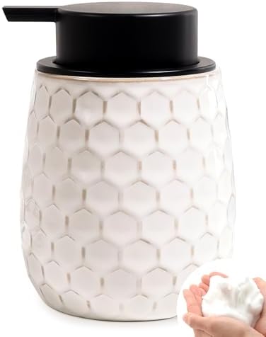 Foaming Soap Dispenser, 12OZ Ceramic Foam White Hand Soap Dispenser with Honeycomb Design for Kitchen or Bathroom, Refillable Dish Lotion Dispenser