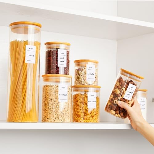 Glass Food Storage Jars, 7 Pack Kitchen Containers with Airtight Bamboo Wooden Lids for Pasta, Cookies, Nuts, Coffee Beans, Cereal, Canisters Set for Flour, Pantry Organization, BPA Free