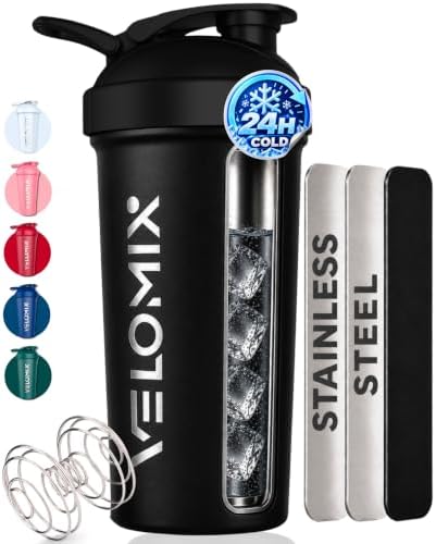 VELOMIX 24oz Stainless Steel Shaker Bottle with Wire Whisk, Black by VELOMIX