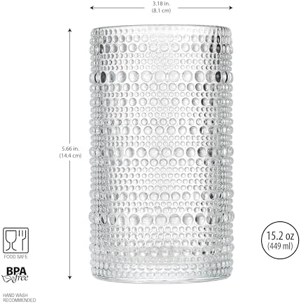 Hobnail Drinking Glasses, Set of 4 Clear Vintage Beaded Glass Cups, 15 Oz. Cocktail Drinking Glassware Set, For Water Juice, Smoothies. Home, Dinner, Bar uses.