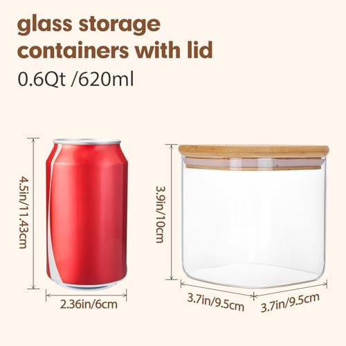 6pcs Glass Food Storage Containers with Bamboo Lids, 0.6qt Glass Jars